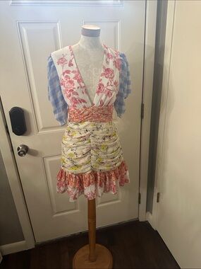Floral Patchwork Mini Dress in White, Pink and Blue